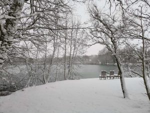 Island Lodge in Winter - Snow covered seats and trees overlooking lake