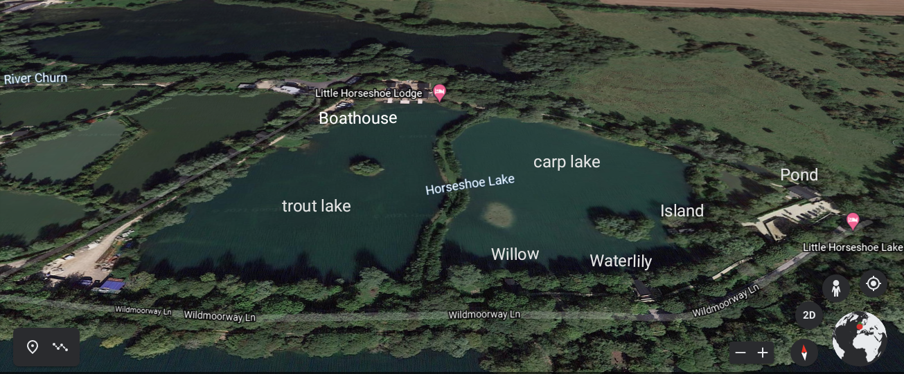 Aerial view of Little Horseshoe Lake with place names written